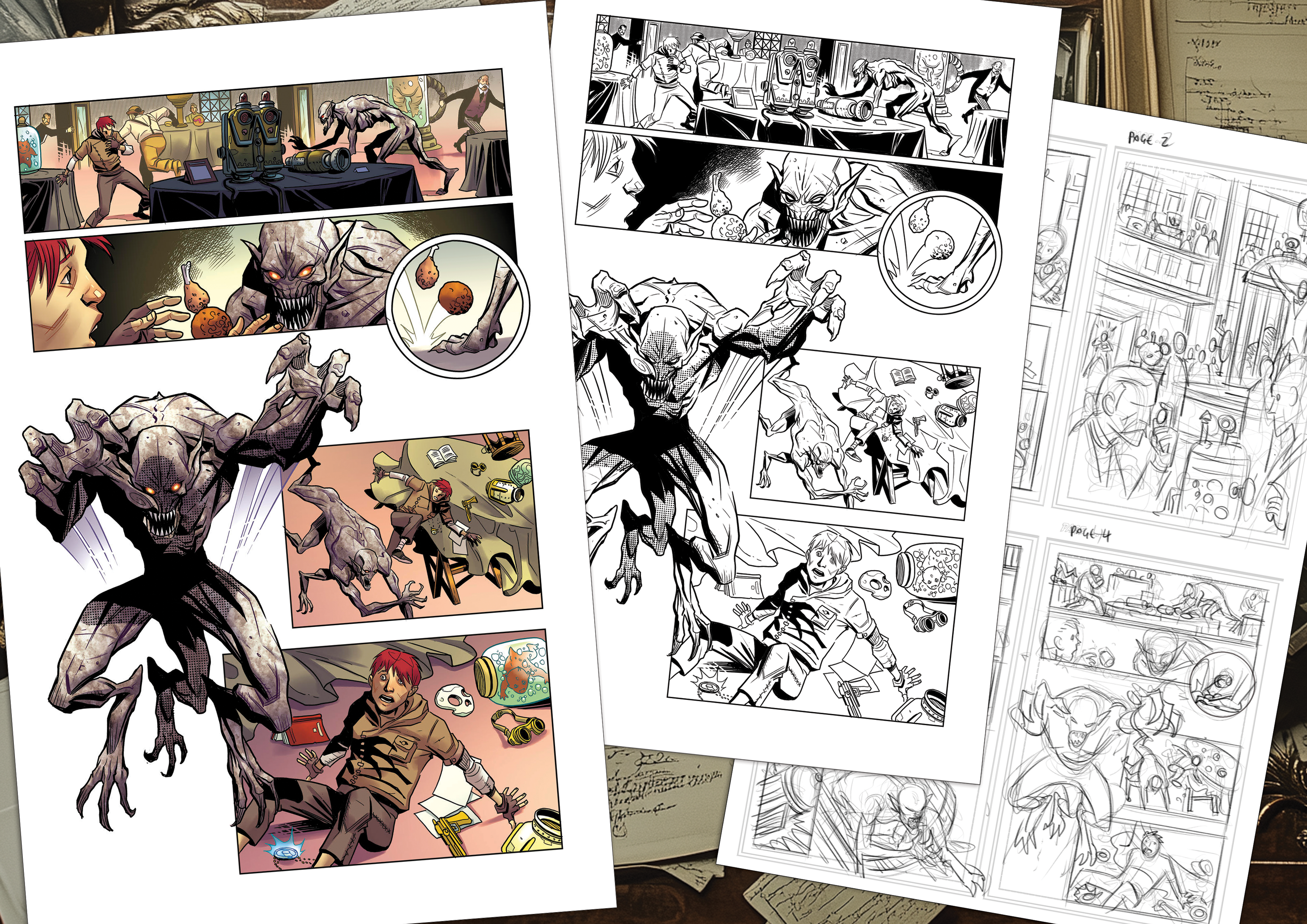 Comic book pages with superhero illustrations and action scenes. from draft to final page. Kryptothera - The Cryptid Pursuit by Noctilux Games