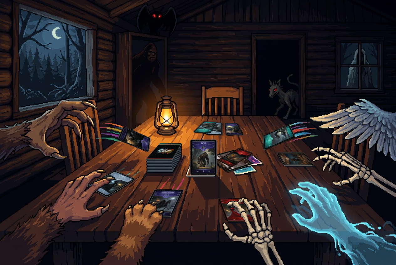 Dark-themed room with a wooden table, lantern, and Cryptids drawing cards Cryptid Smash by Noctilux Games.