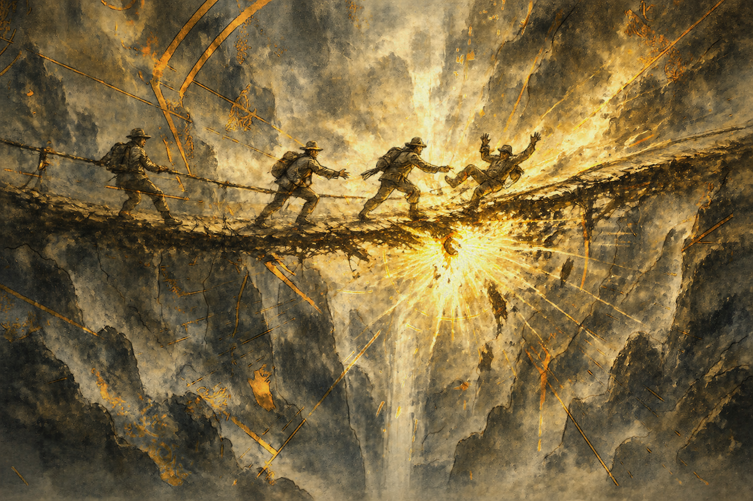 Artistic depiction of Krypthera - The Cryptid Pursuit Characters crossing a tightrope bridge over a chasm with a bright light at the end. A Board Game by Noctilux Games