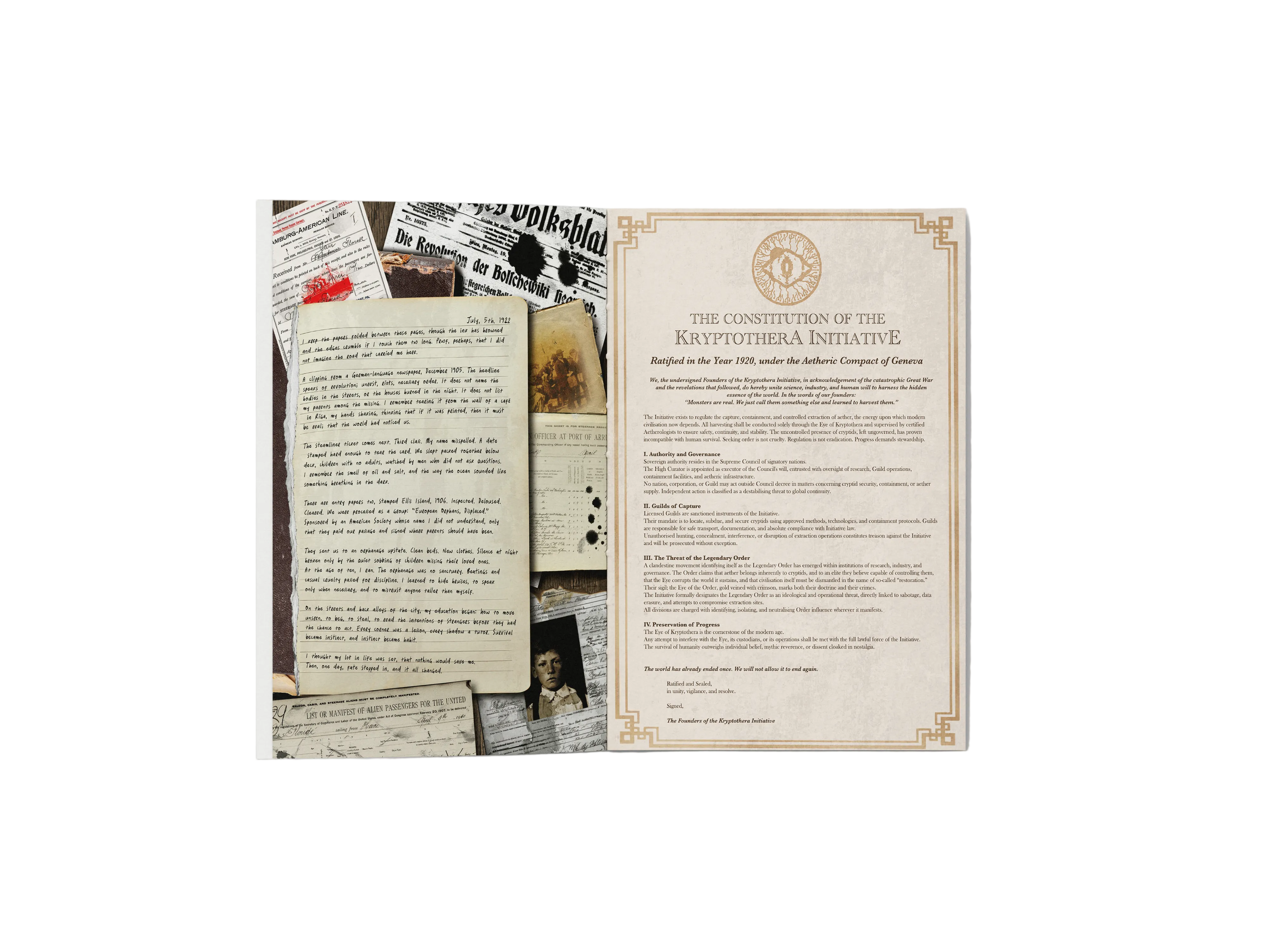 Open book displaying text and images on a gray background. A Hunters Tale - The Kryptothera Chronicles by Noctilux Games