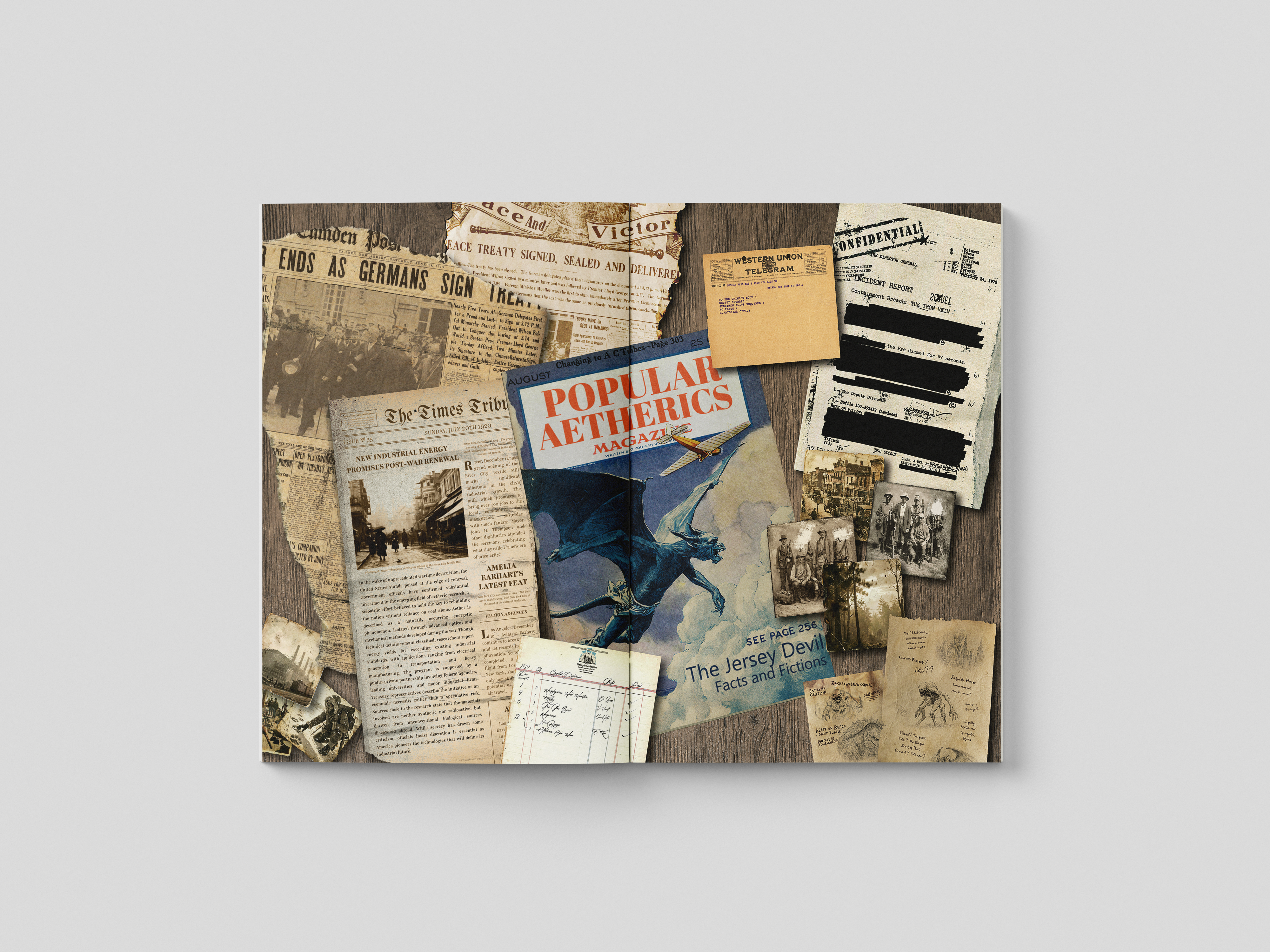 Collage of vintage newspaper clippings and a book on a gray background. A Hunters Tale - The Kryptothera Chronicles by Noctilux Games