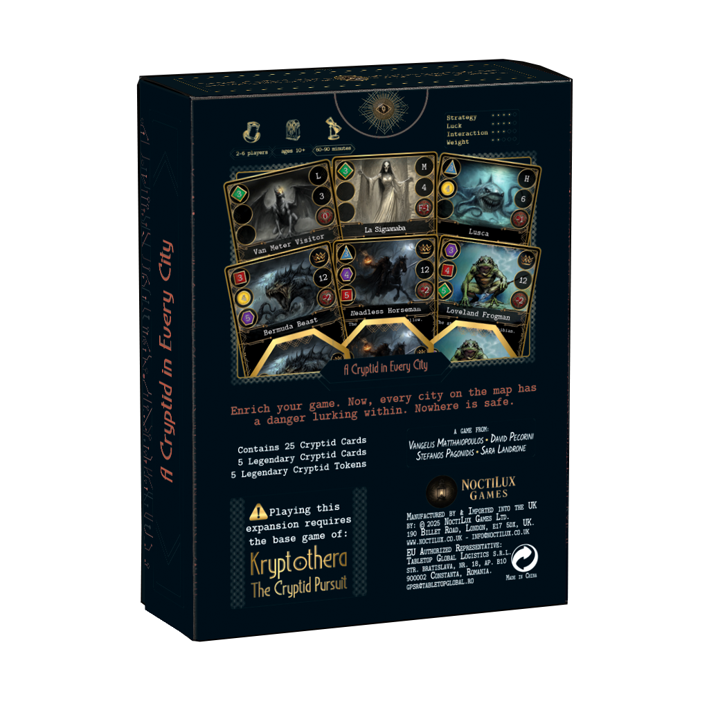 Back of Kryptothera A cryptid in every city board game expansion box showing gameplay details and components