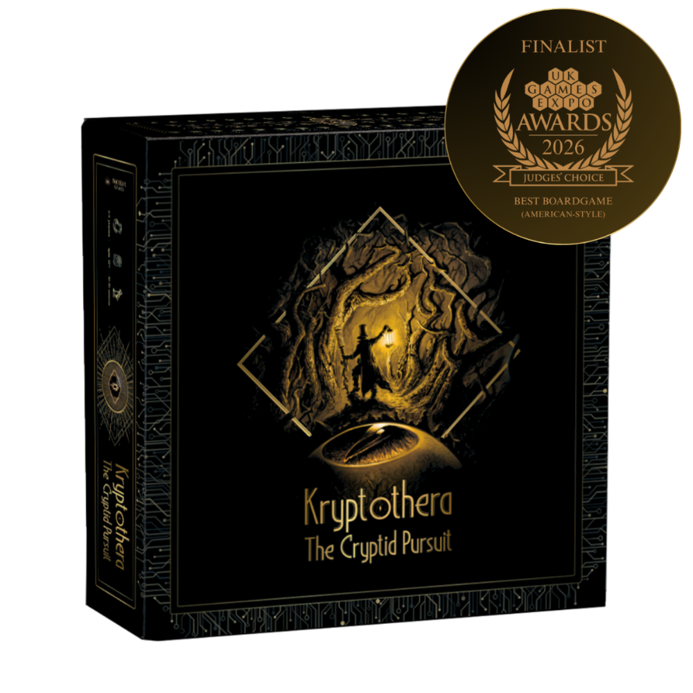 Board game box for 'Kryptothera: The Cryptid Pursuit' with a silhouette design and UK Games Awards 2026 badge.