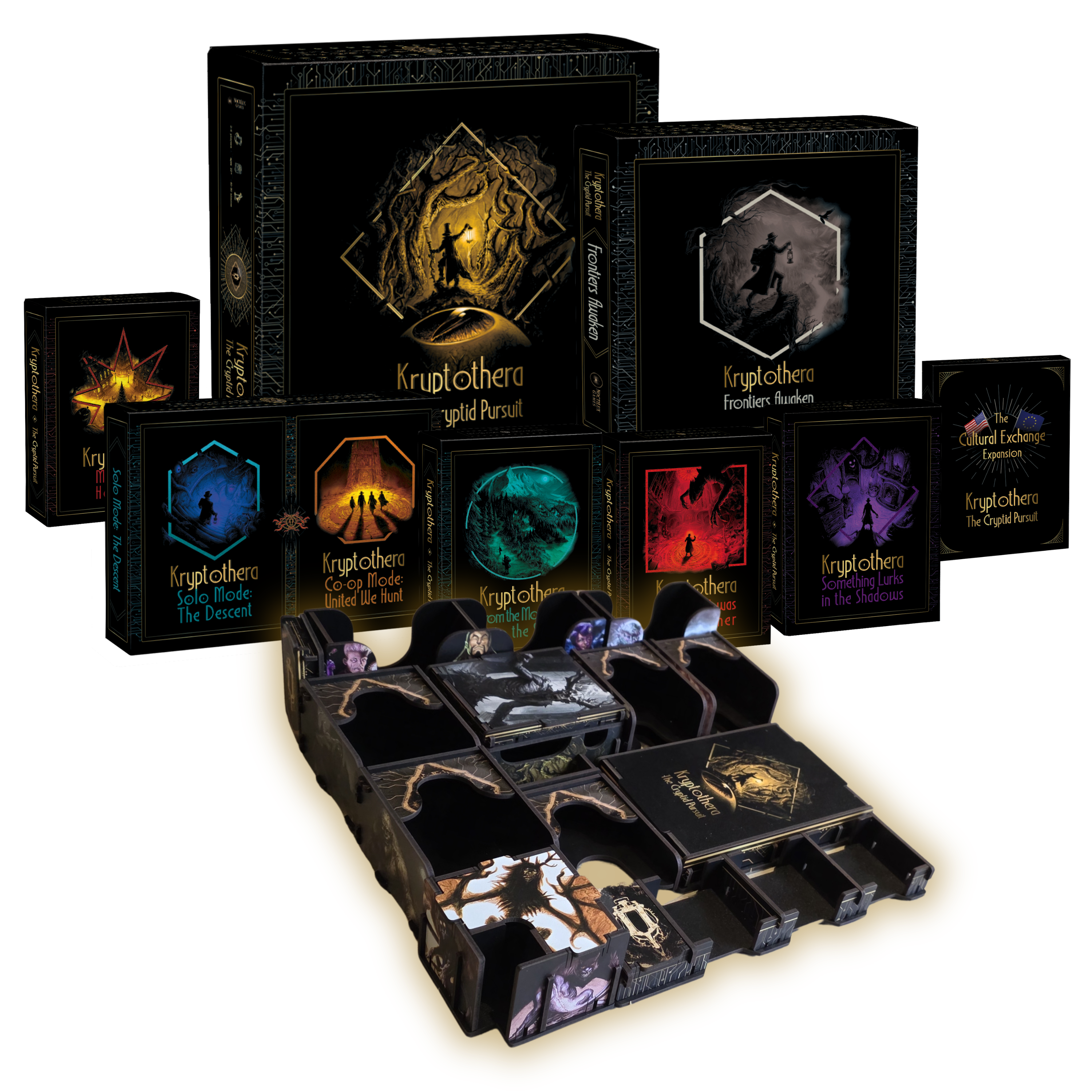 Kryptothera Custom Inlay showing organised storage for the base game, current expansions, cards, tokens, trays, and game pieces