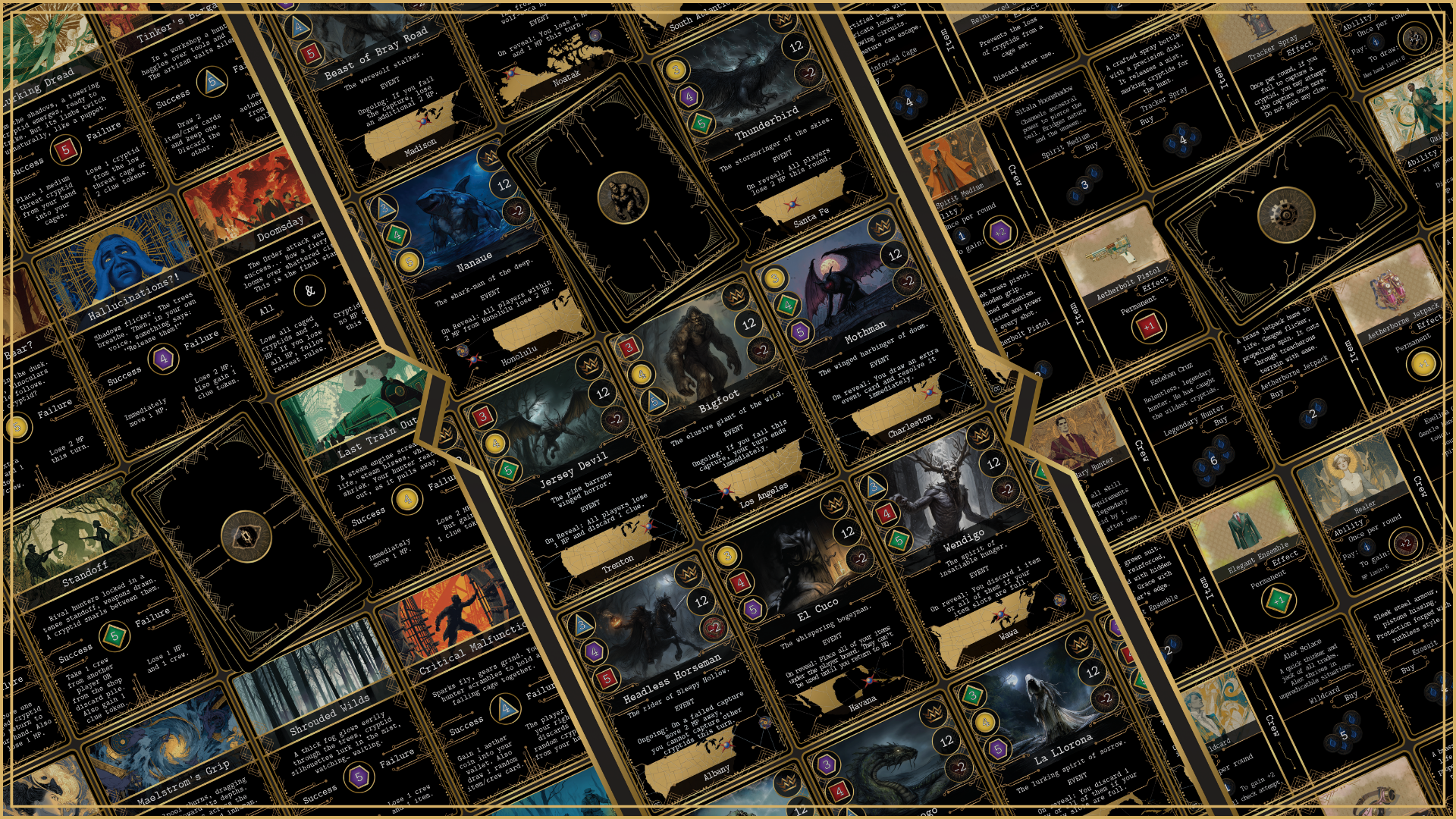 Collection of Kryptothera game cards with various artwork and text showing events, cryptids, and item and crew cards.