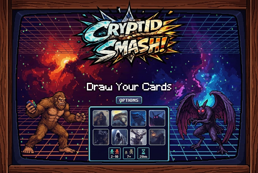 Game interface for 'Cryptid Smash!' with Bigfoot and Mothman and card options on a retro-style screen. Cryptid Smash by Noctilux Games