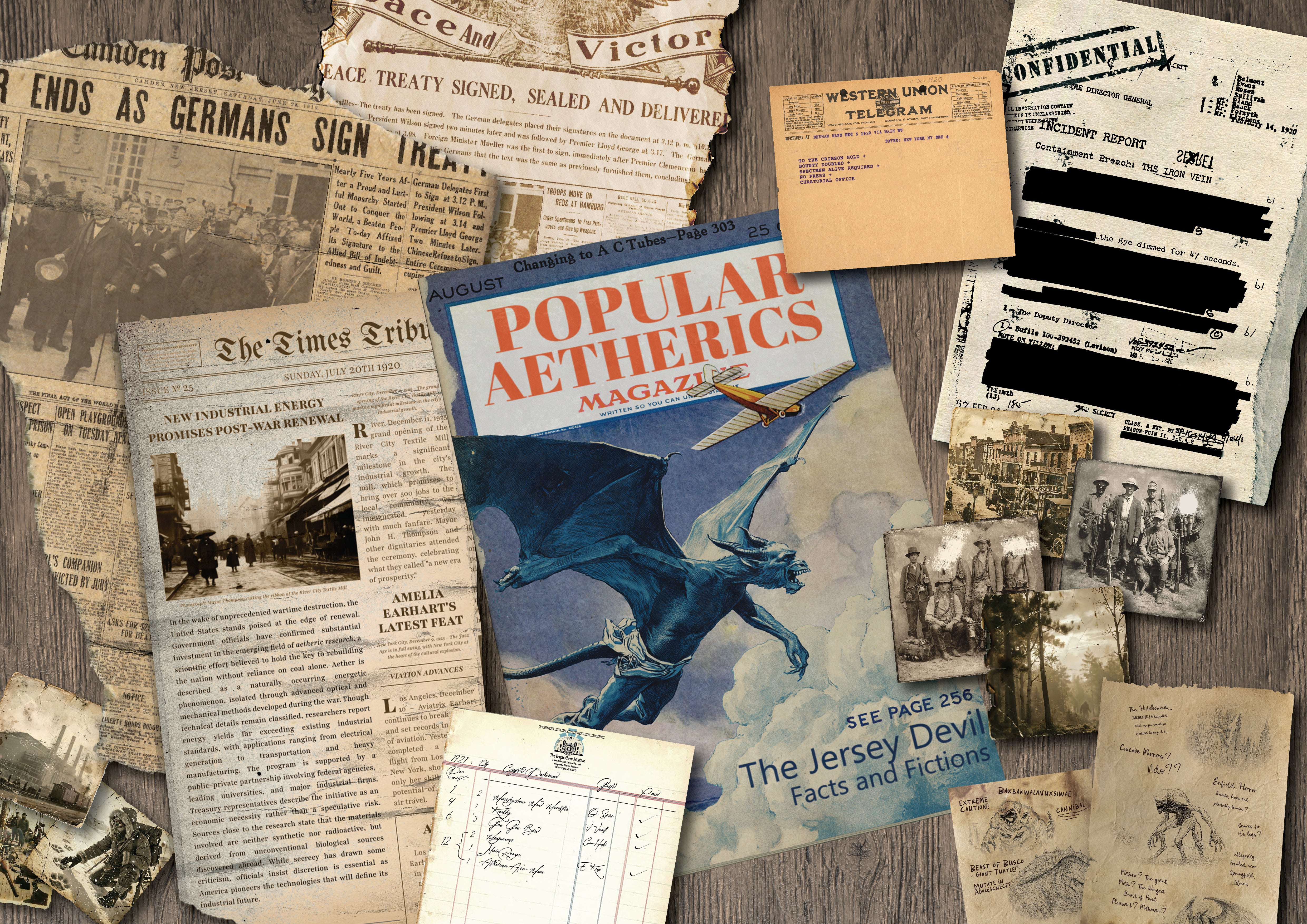 Collection of vintage newspapers and a magazine titled 'Popular Aethetics' depicting the Jersey Devil on a wooden surface. A Hunters Tale - The Kryptothera Chronicles by Noctilux Games