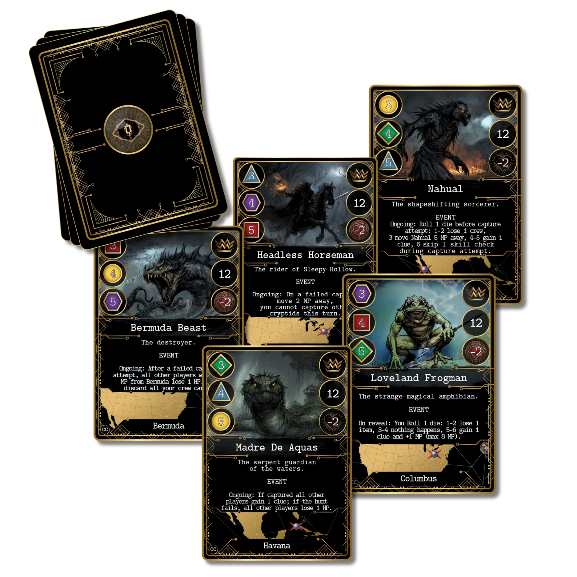 Legendary cryptid cards from Kryptothera A Cryptid in Every City expansion featuring Bermuda Beast, Headless Horseman, Nahual, Loveland Frogman and Madre de Aguas