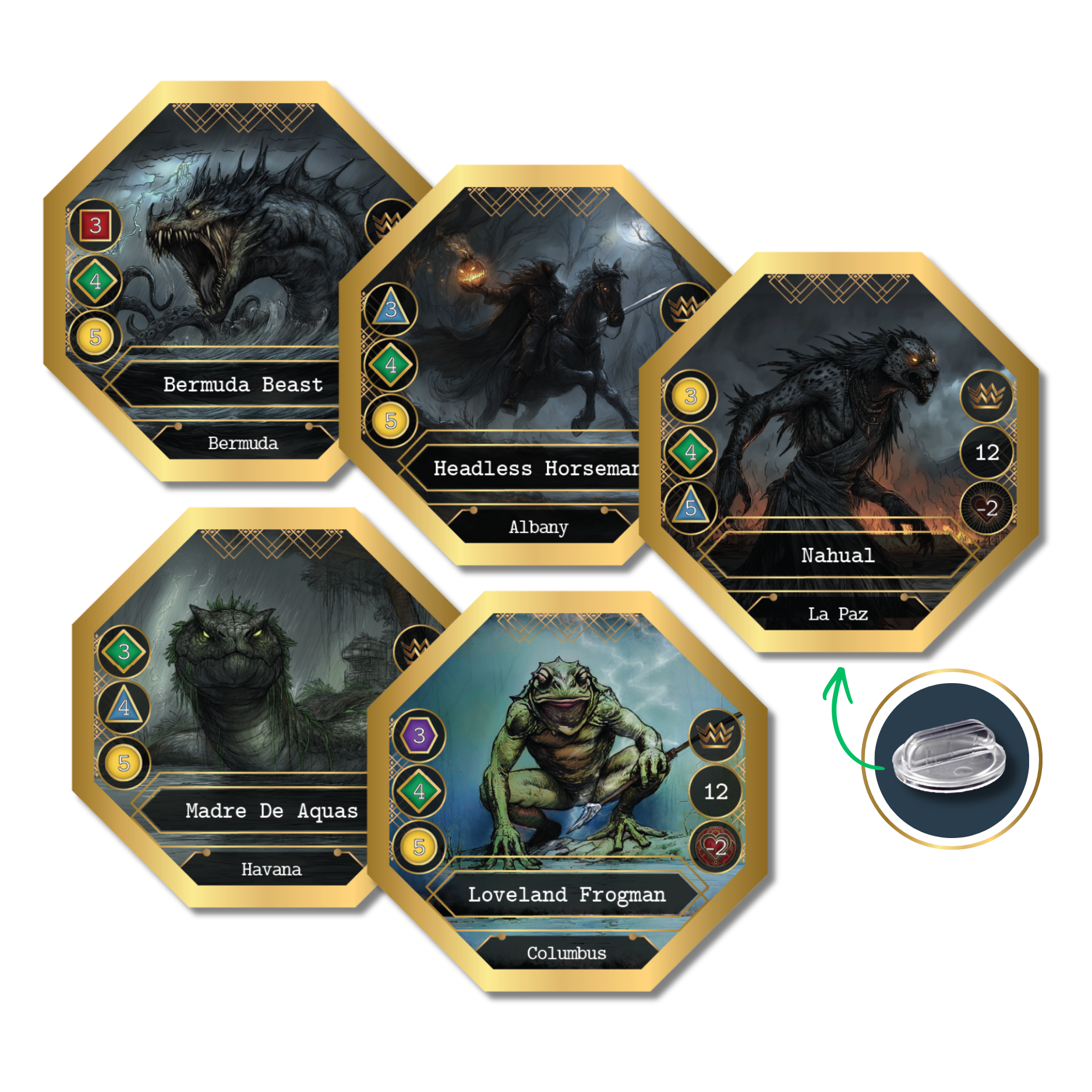 Legendary cryptid tokens from Kryptothera A Cryptid in Every City expansion featuring Bermuda Beast, Headless Horseman, Nahual, Loveland Frogman and Madre de Aguas