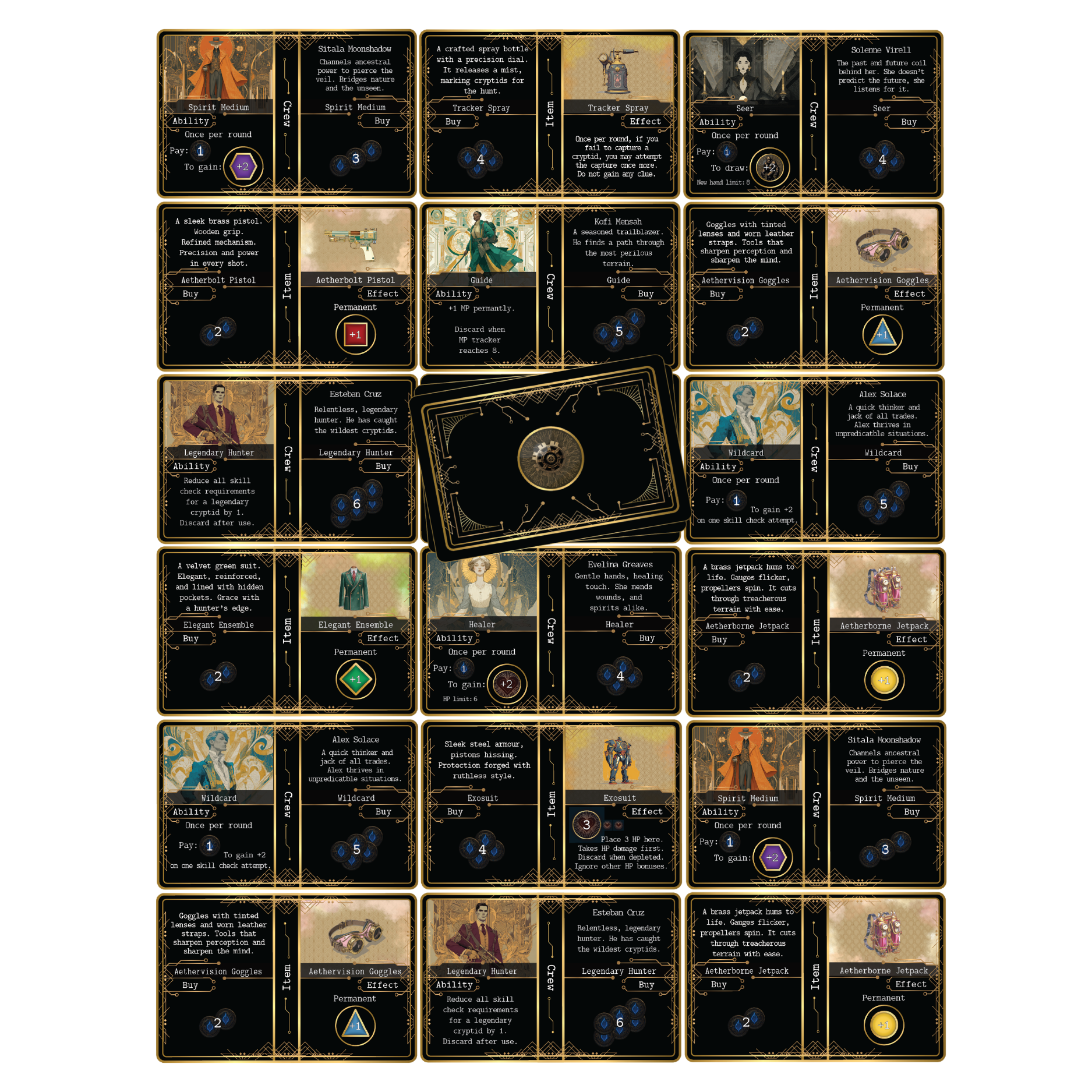 Close-up of Kryptothera board game cards showing items and crew