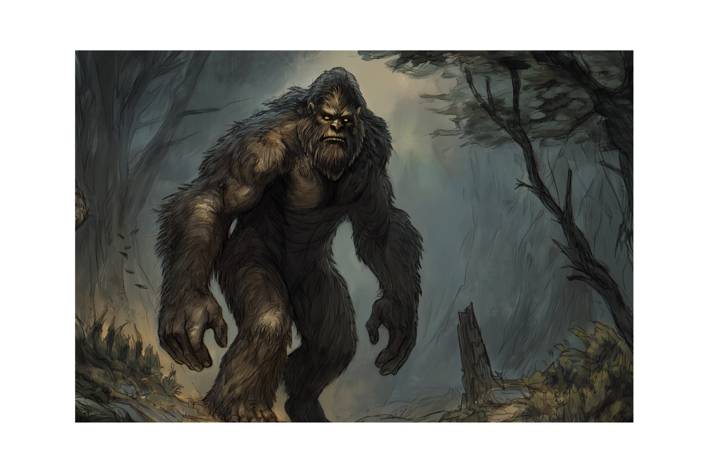 Large ape-like cryptid resembling Bigfoot walking through a misty forest in Kryptothera board game artwork