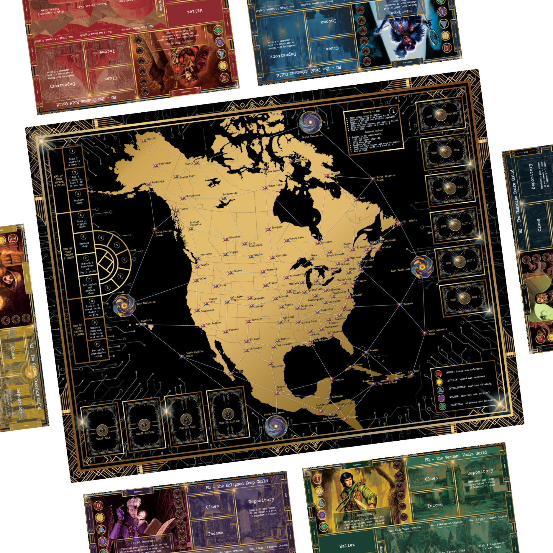 Kryptothera board game setup showing map board, cards, and player areas arranged for play