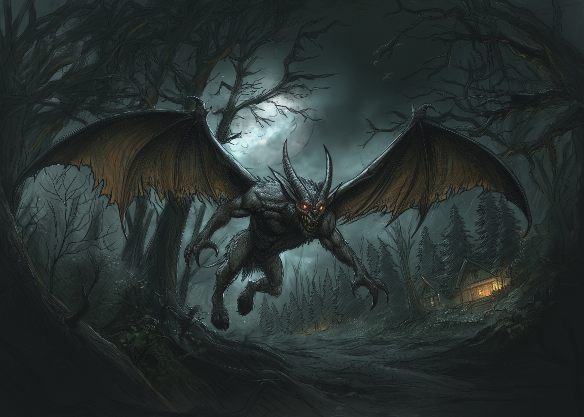 Winged cryptid with glowing eyes flying through a dark forest at night in the art deco world of Kryptothera