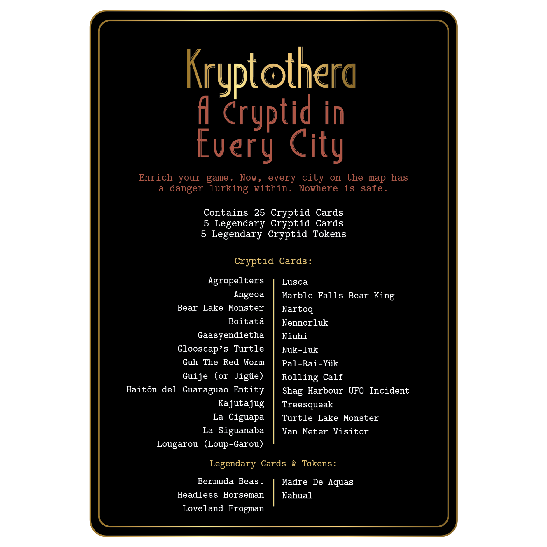 Kryptothera A Cryptid in Every City expansion contents and list of included cryptid cards