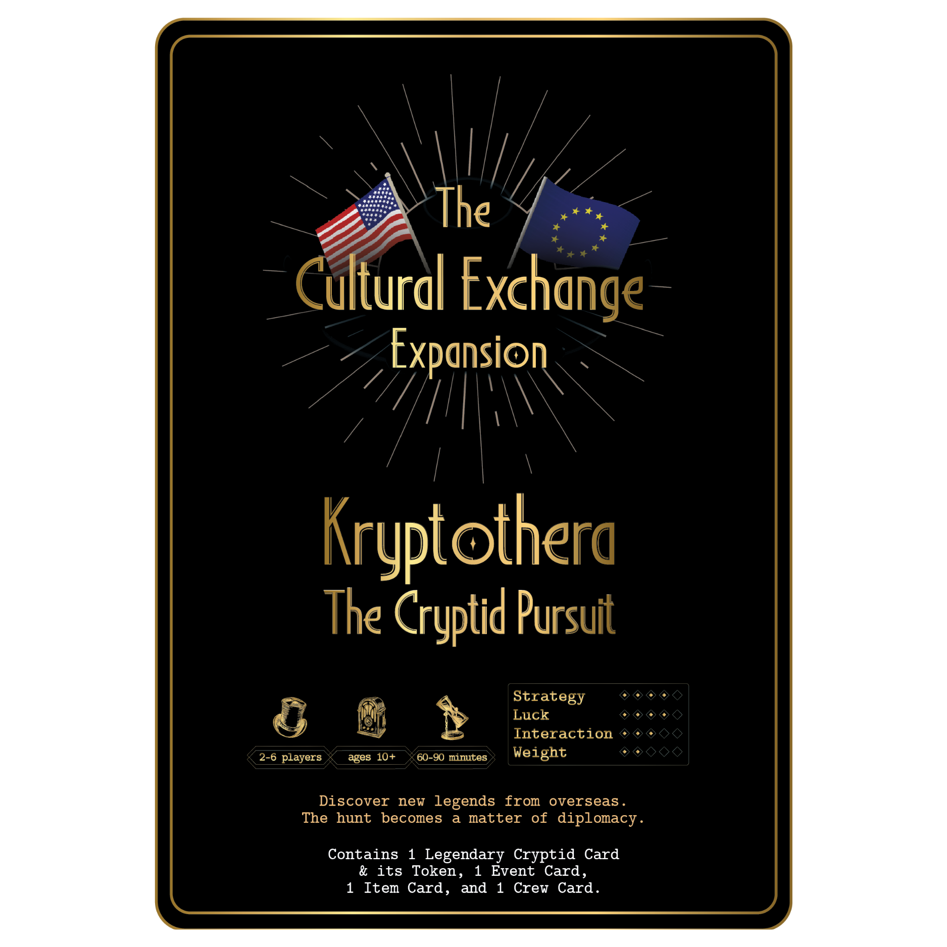 Kryptothera Cultural Exchange expansion overview showing player count 2 to 6 players, age 10 plus and playtime 60 to 90 minutes