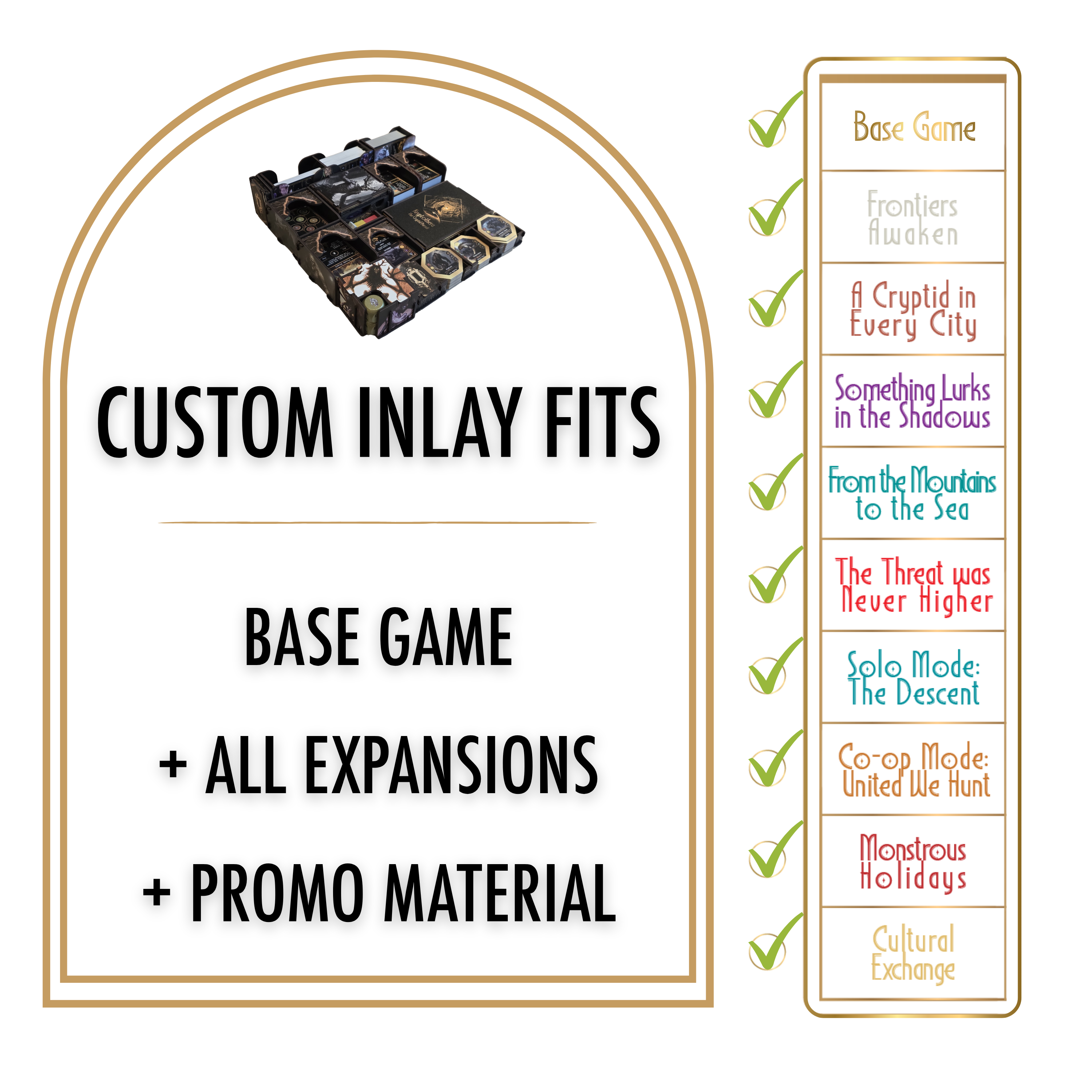Kryptothera Custom Inlay compatibility checklist showing storage for the base game and all Kryptothera expansions