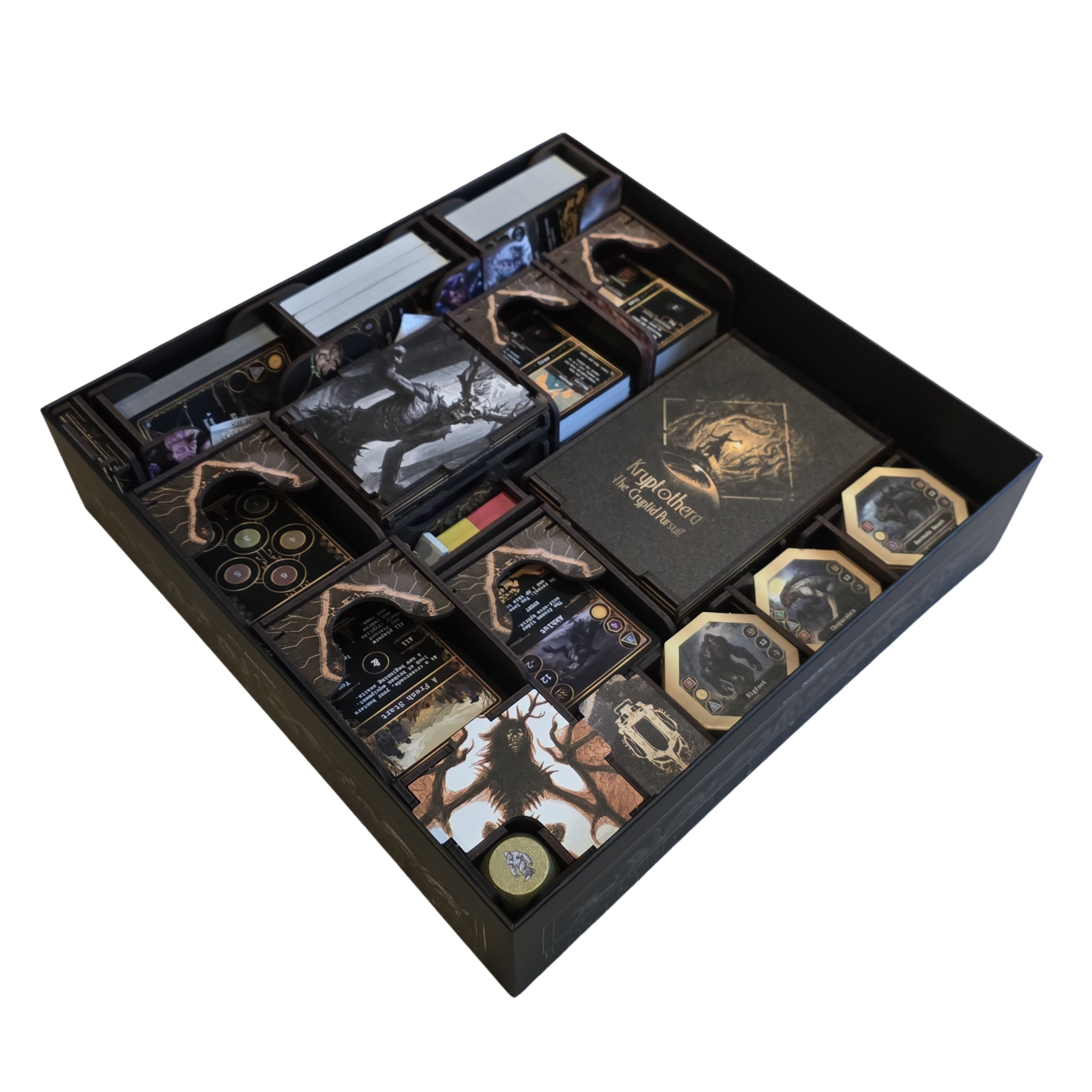 Kryptothera Custom Inlay fitted inside the base game box with cards, tokens, trays, and components organised