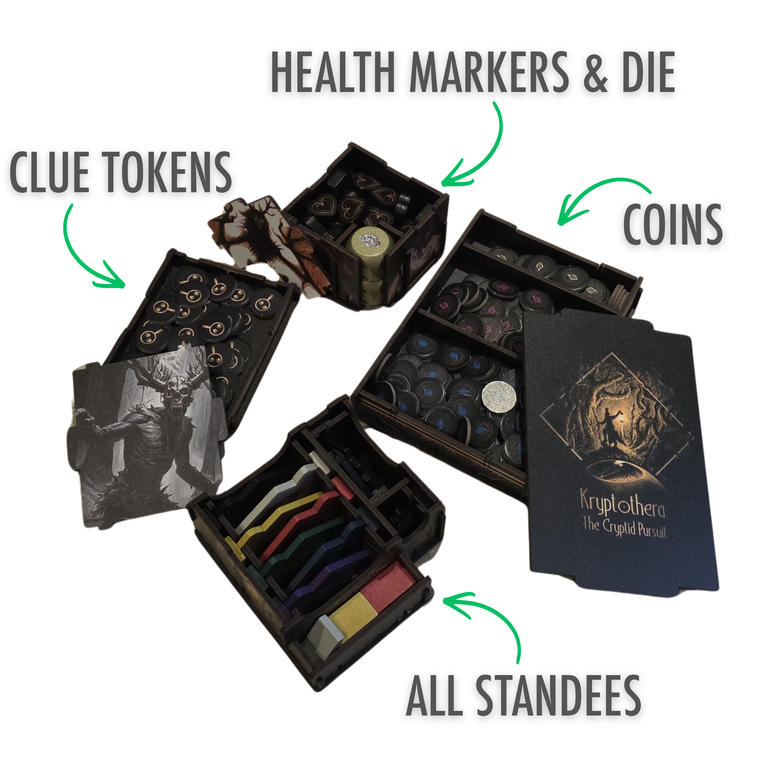 Removable trays from the Kryptothera Custom Inlay showing organised storage for tokens, markers, and components