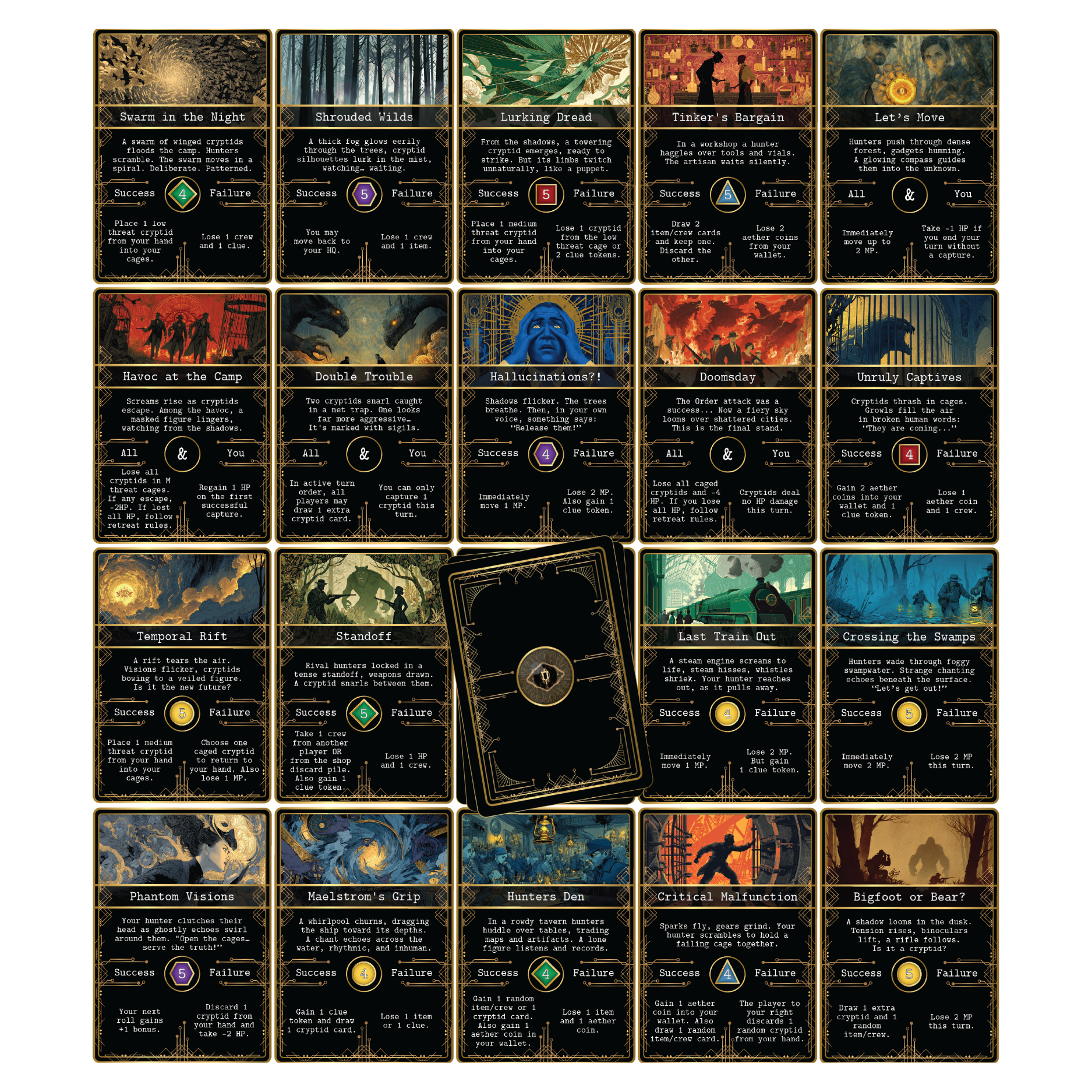 Kryptothera board game event cards showing different scenarios and outcomes
