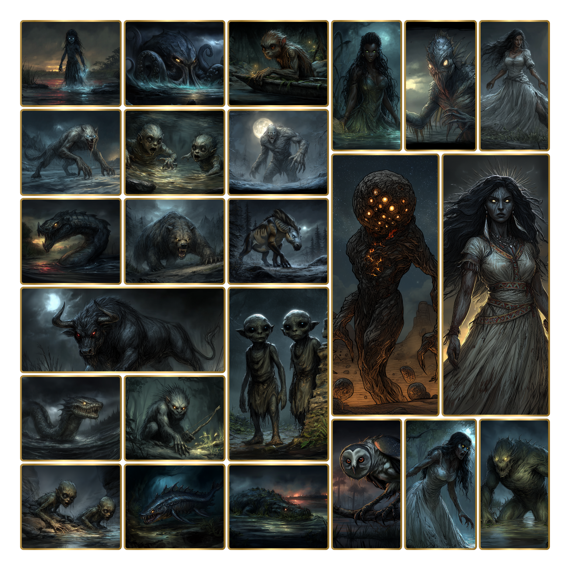Cryptid artwork from Kryptothera From the Mountains to the Sea expansion featuring creatures from forests, mountains and oceans