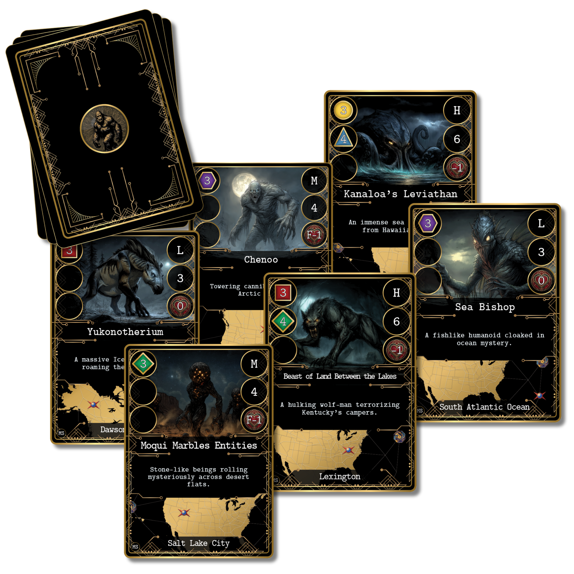 Cryptid cards from Kryptothera From the Mountains to the Sea expansion featuring land and sea folklore creatures