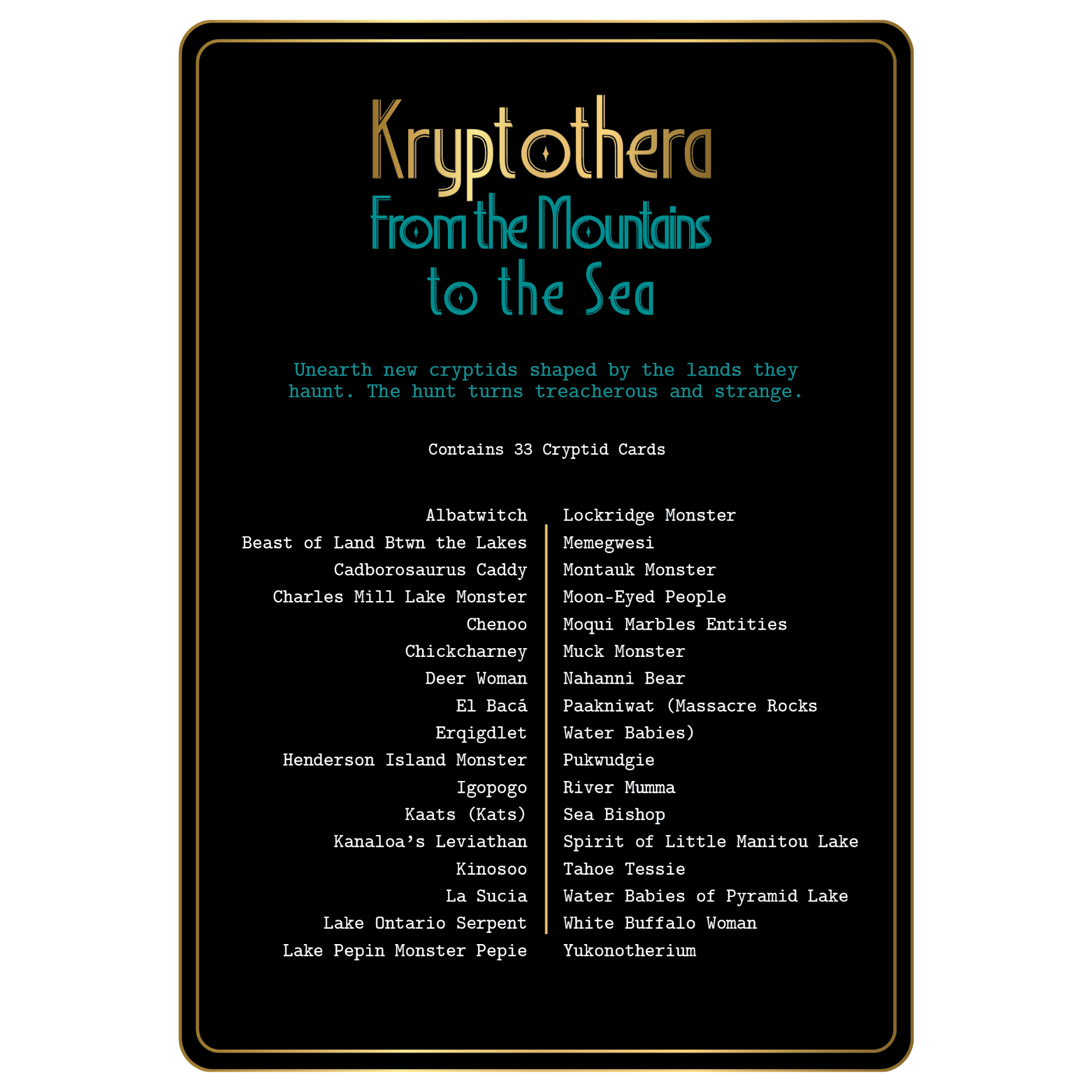 List of cryptids included in Kryptothera From the Mountains to the Sea expansion featuring 33 folklore creatures from land and sea