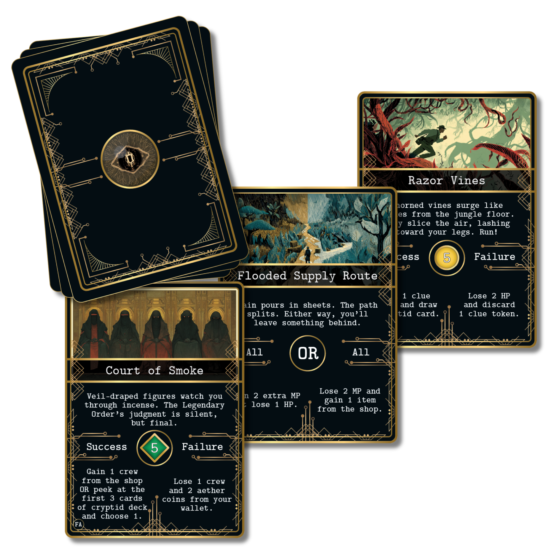 Event cards from Kryptothera Frontiers Awaken expansion featuring risk and reward decisions with success and failure outcomes