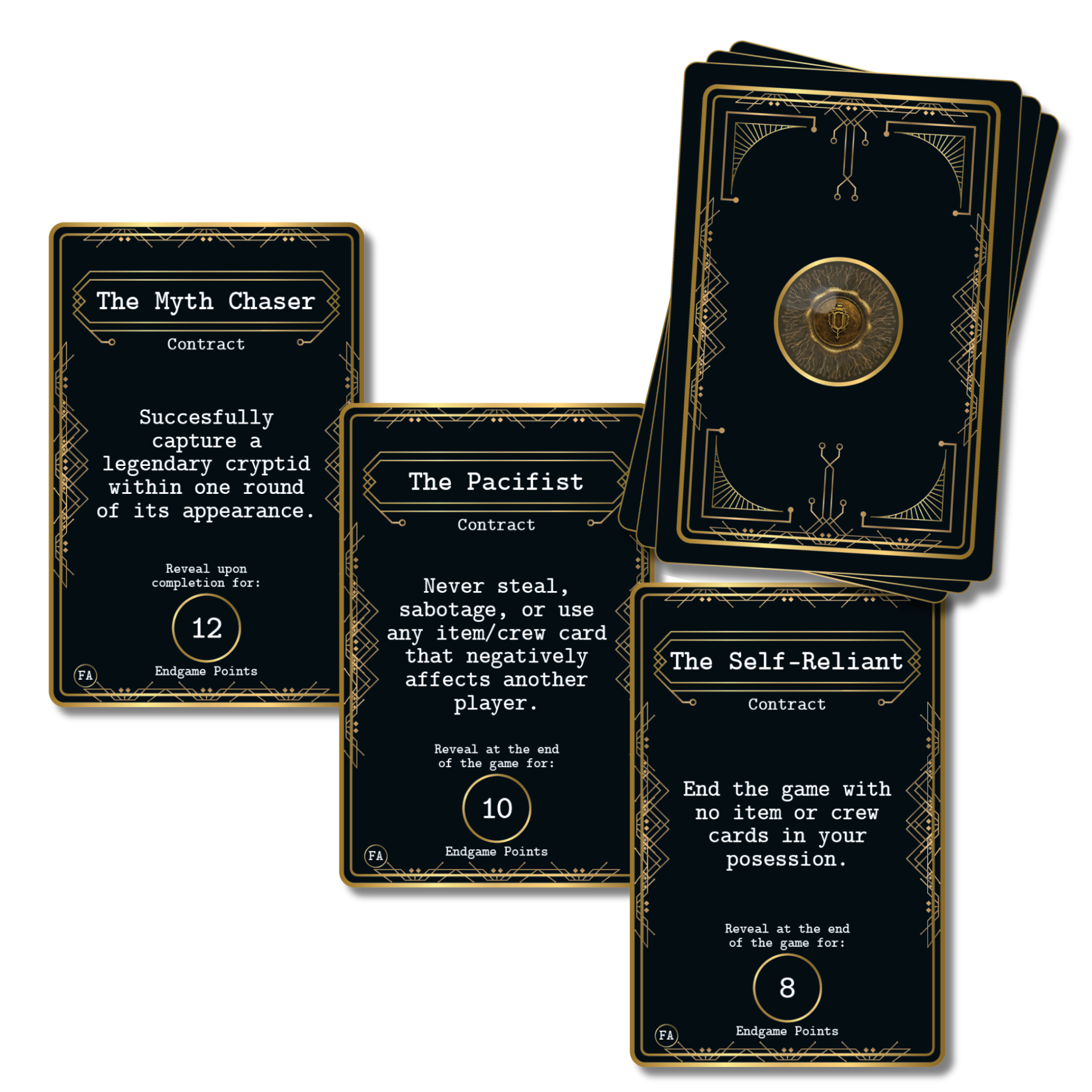 Contract cards from Kryptothera Frontiers Awaken expansion showing objectives like Myth Chaser, Pacifist and Self Reliant