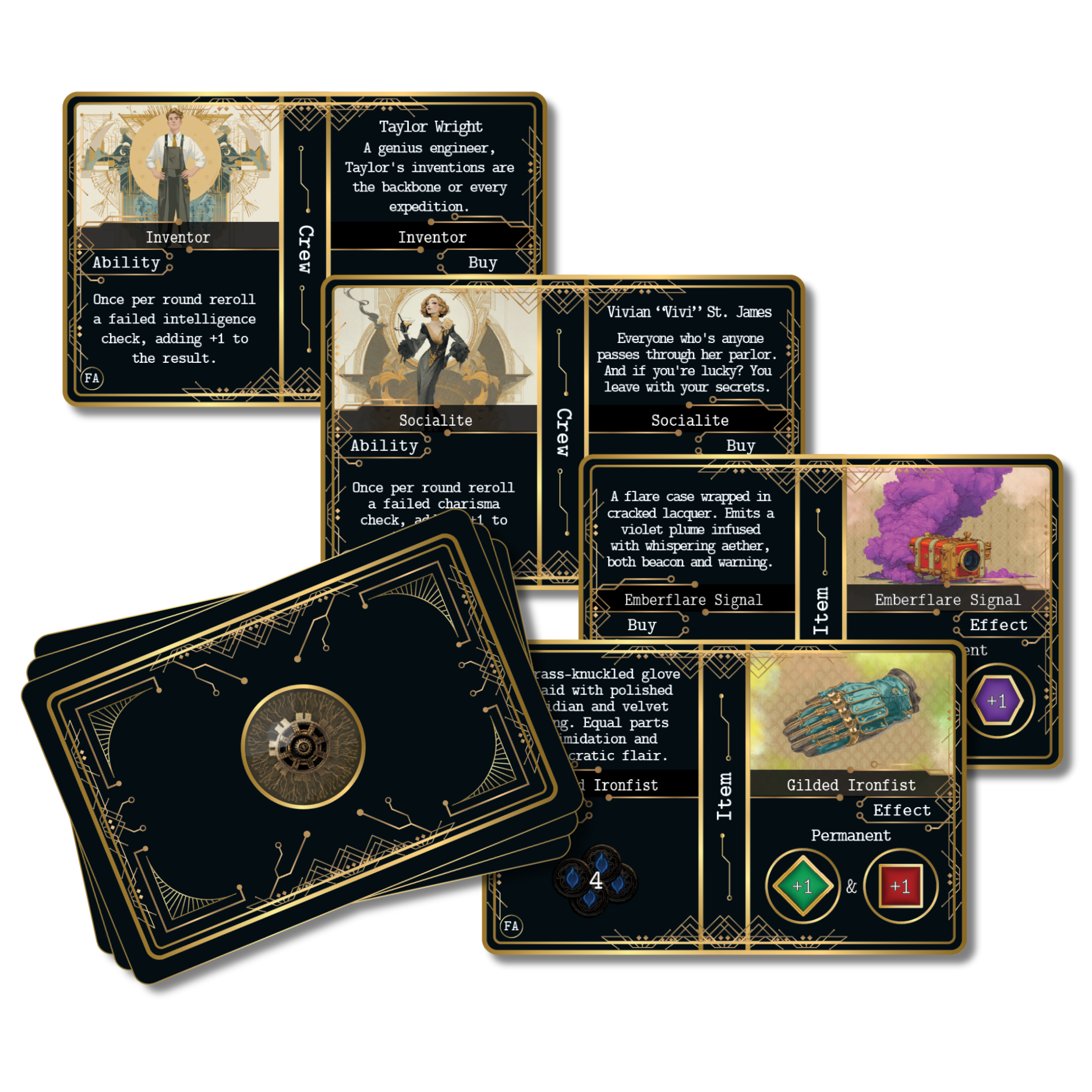 Item and crew cards from Kryptothera Frontiers Awaken expansion featuring abilities, equipment and character support mechanics