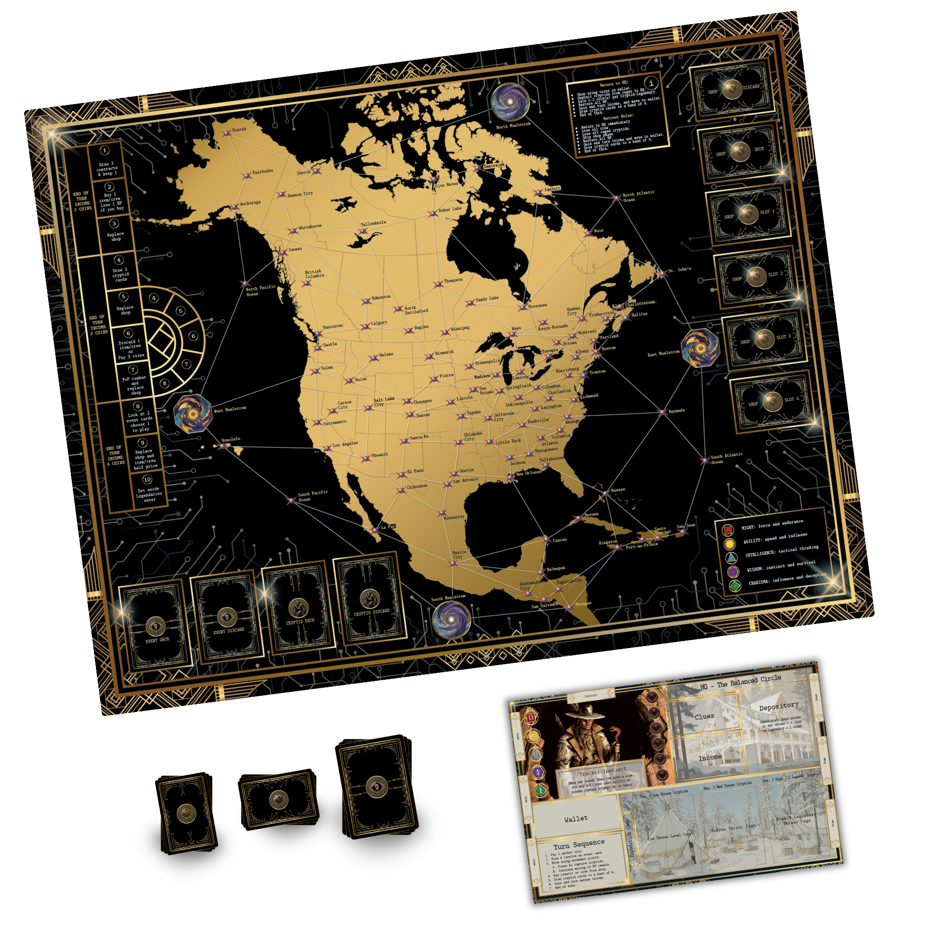 Game board setup from Kryptothera Frontiers Awaken expansion showing map layout, card decks and player area