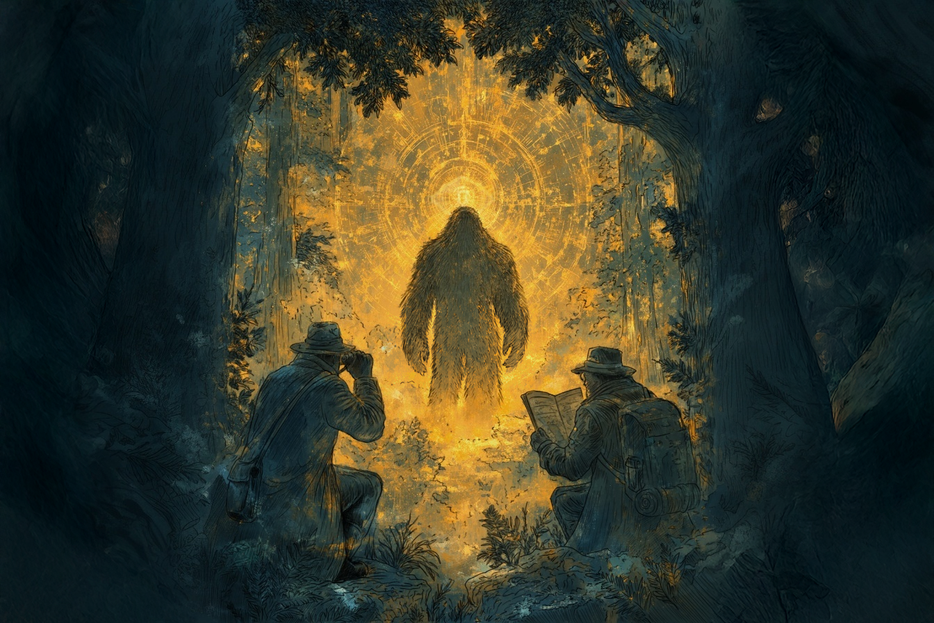 Two hunters observing a glowing cryptid figure in a forest clearing in the Kryptothera board game