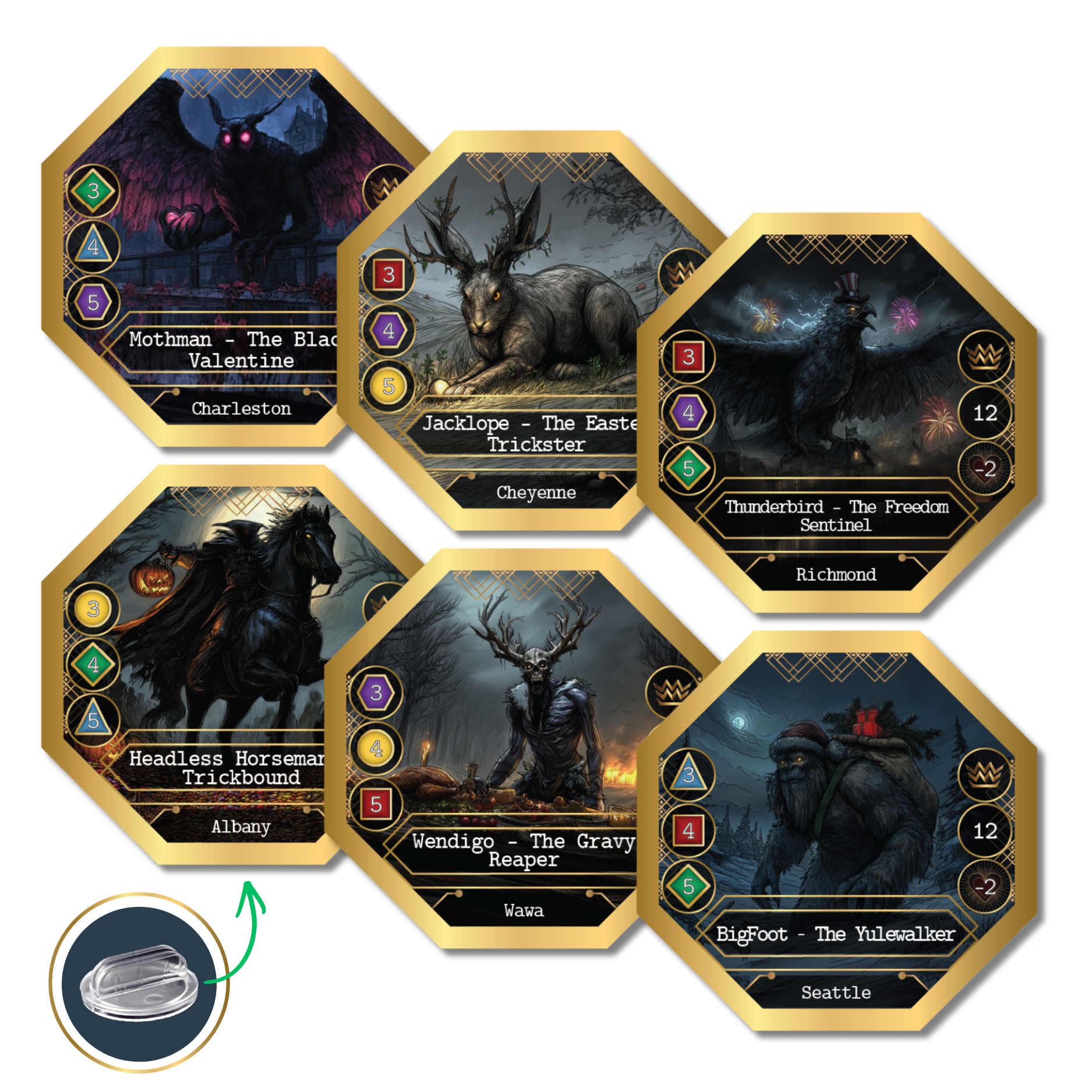 Legendary cryptid tokens from Kryptothera Monstrous Holidays expansion featuring Bigfoot Yulewalker, Mothman Black Valentine and Headless Horseman Trickbound