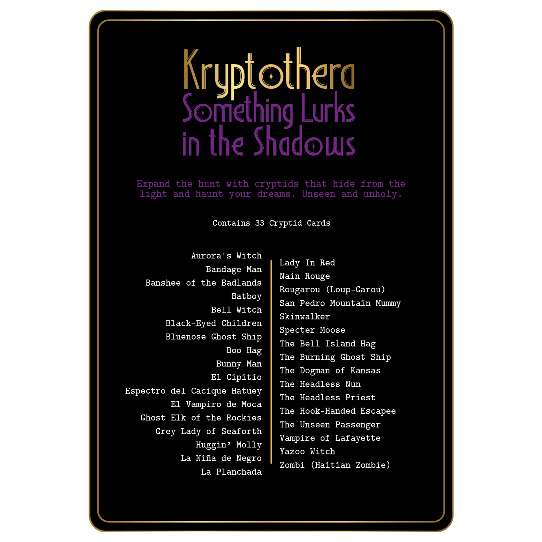 Kryptothera something lurks in the shadows expansion contents and list of included cryptid cards