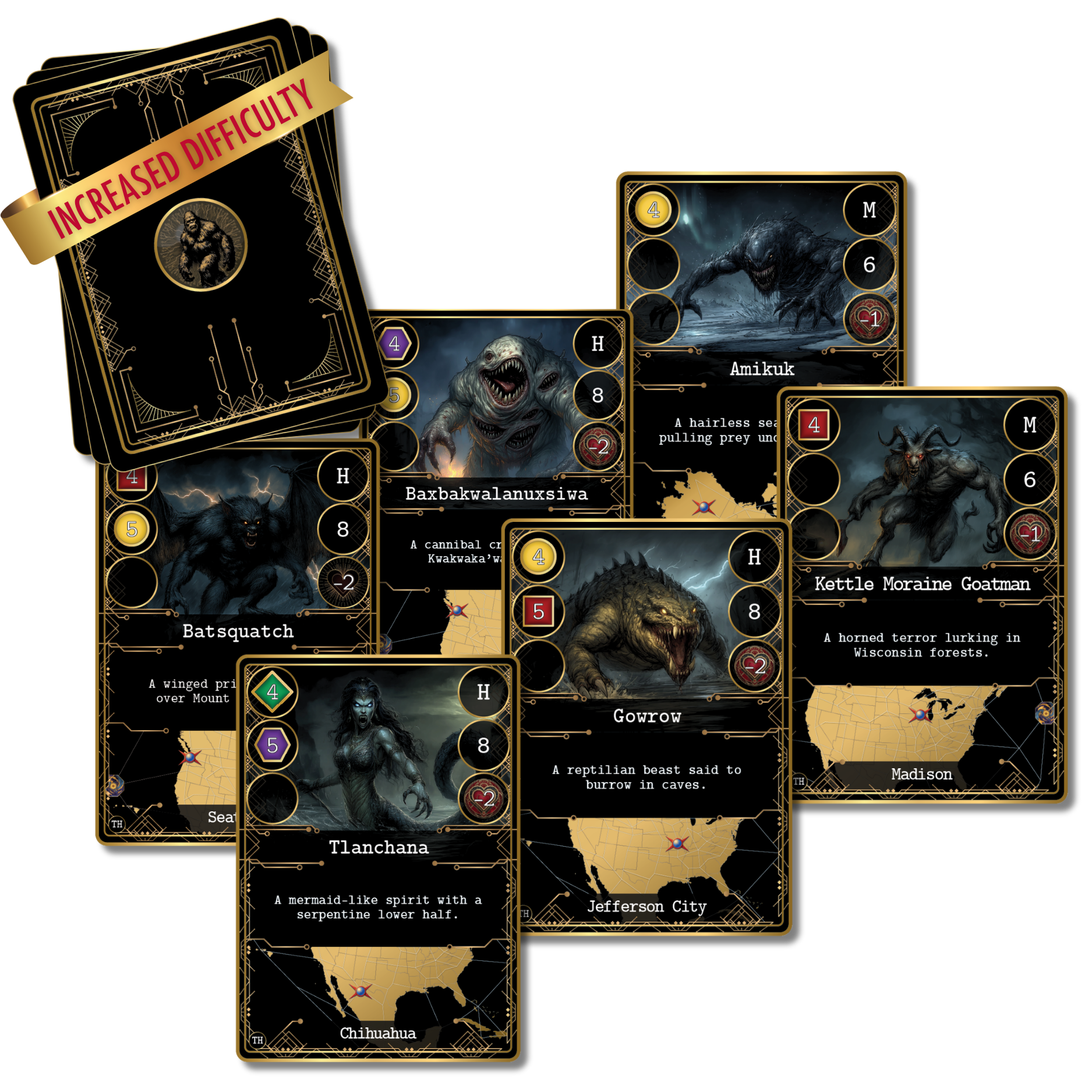 Cryptid cards from Kryptothera The Threat Was Never Higher expansion featuring higher difficulty creatures and tougher capture challenges