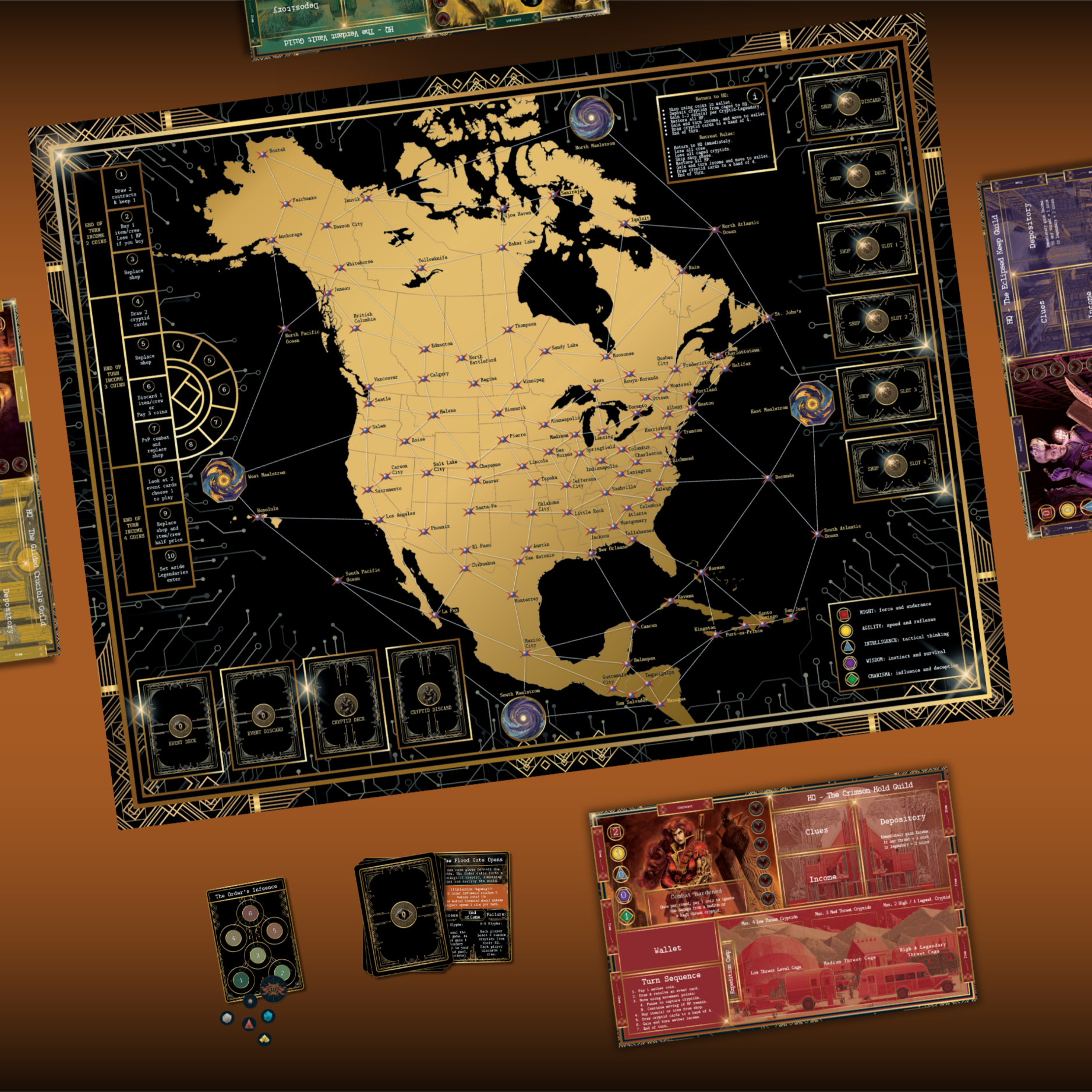 Co-op mode map setup for Kryptothera United We Hunt showing board layout, player areas and Order influence system components