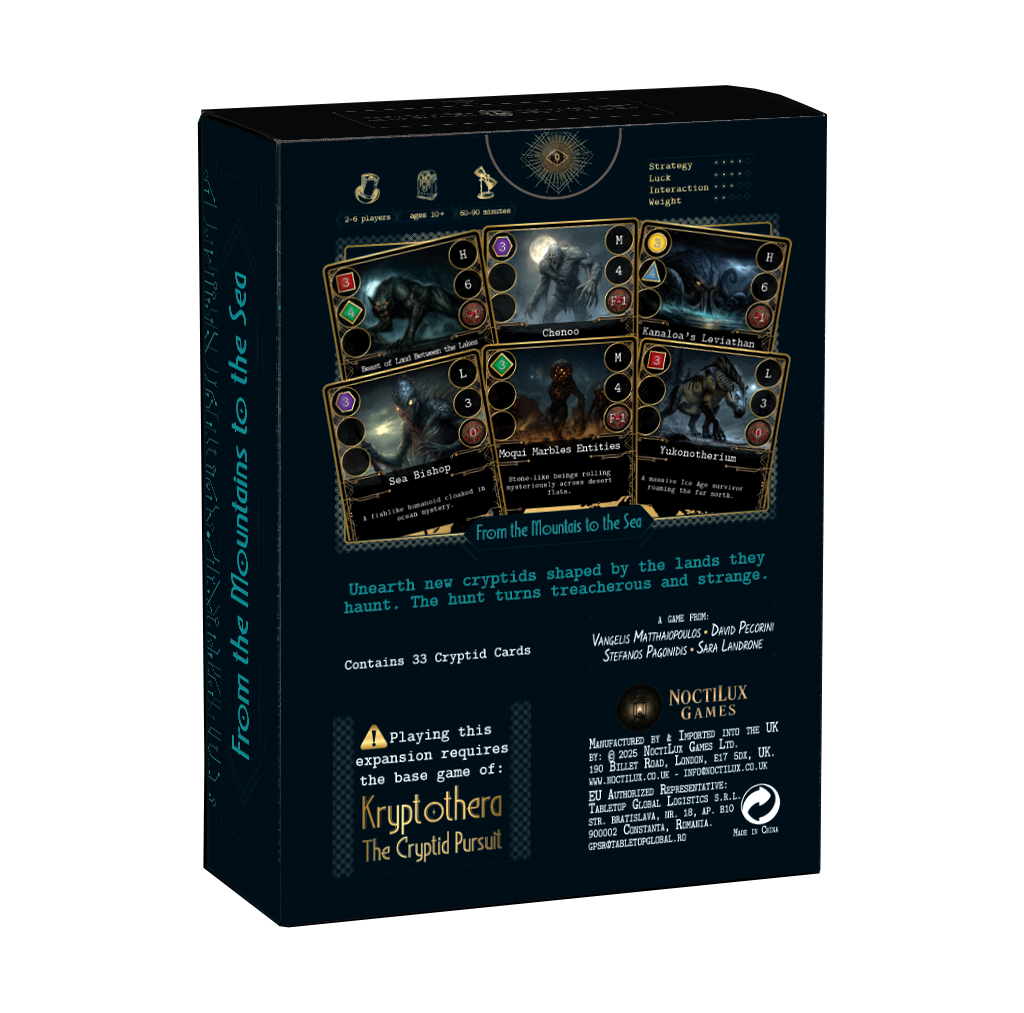 Back of Kryptothera from the mountains to the sea board game expansion box showing gameplay details and components