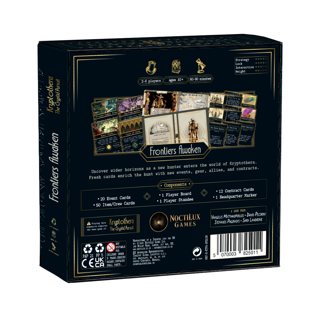 Back of Kryptothera frontiers awaken board game expansion box showing gameplay details and components