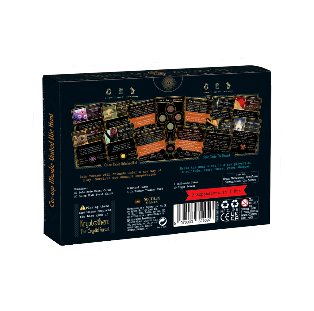 Back of Kryptothera the descent solo mode and united we hunt co-op mode board game expansion box showing gameplay details and components