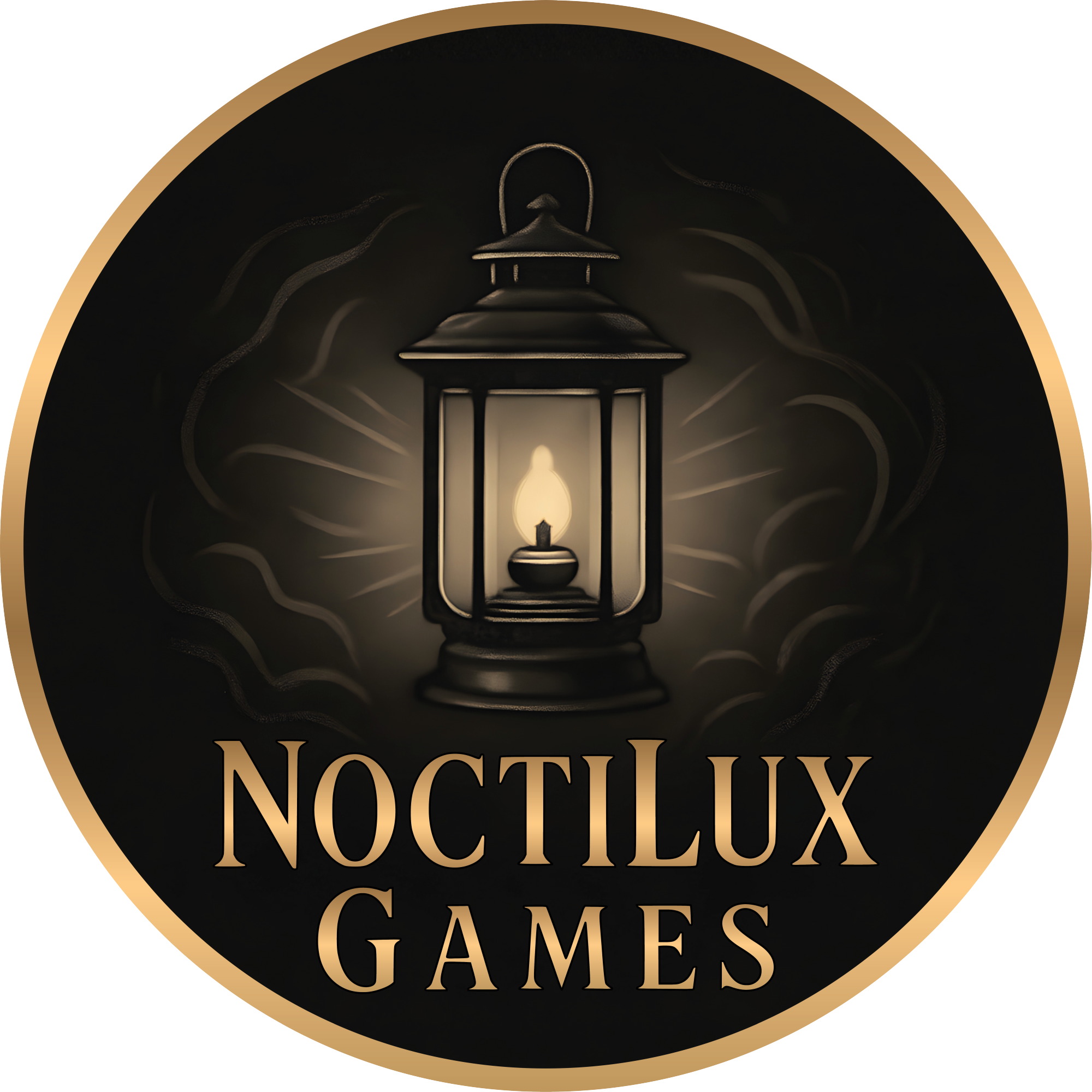 Round dark shape with lantern in the middle and noctilux games logo