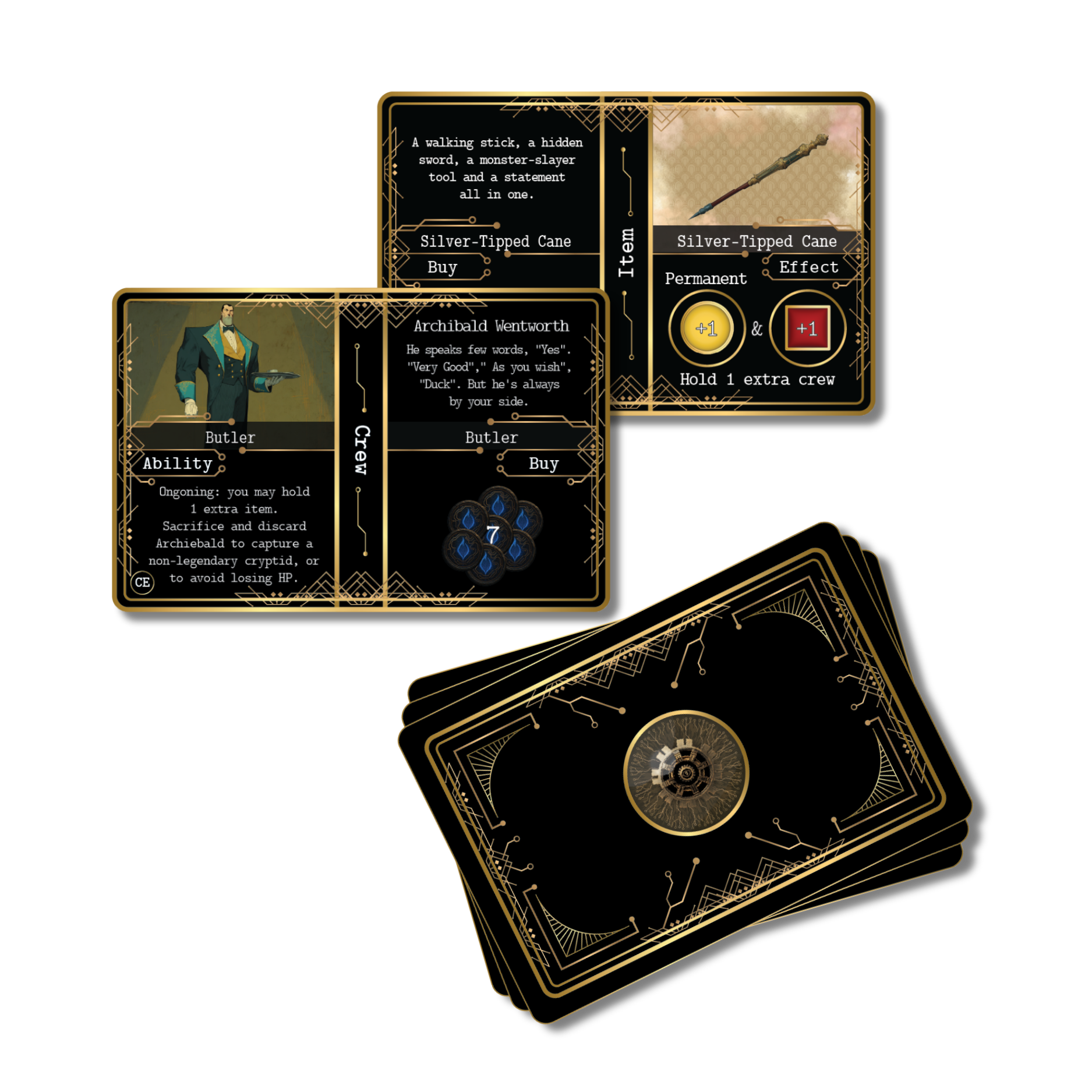 Item and crew cards from Kryptothera Cultural Exchange expansion including Silver Tipped Cane and Butler