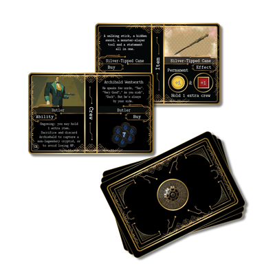 Item and crew cards from Kryptothera Cultural Exchange expansion including Silver Tipped Cane and Butler
