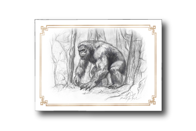 Illustration of Bigfoot in a natural setting with decorative border A Hunters Tale - The Kryptothera Chronicles by Noctilux Games