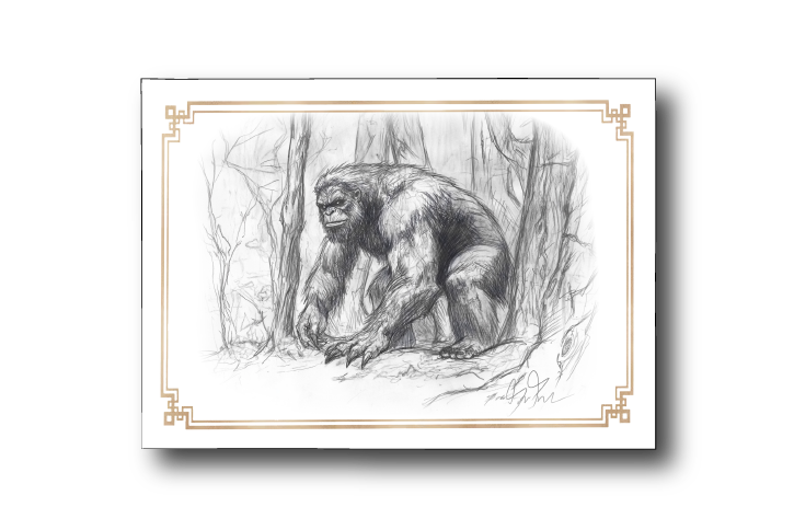 Illustration of Bigfoot in a natural setting with decorative border A Hunters Tale - The Kryptothera Chronicles by Noctilux Games