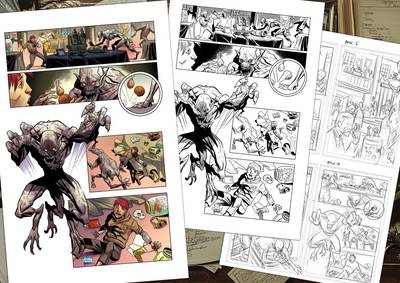 Comic book pages with superhero illustrations and action scenes. from draft to final page. Kryptothera - The Cryptid Pursuit by Noctilux Games