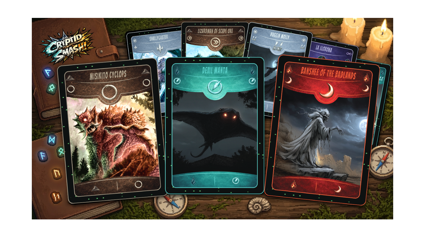 Collection of Cryptid Smash cards with Cryptids on a wooden surface. Cryptid Smash by Noctilux Games