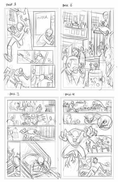 Comic book page layout with multiple panels showing a character's actions and reactions. Draft drawings A Hunters Tale - The Kryptothera Chronicles by Noctilux Games