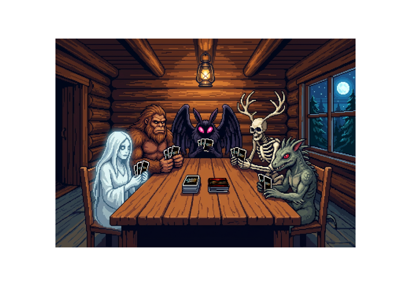 8bit Cartoon Cryptid characters playing Cryptid Smash in a cabin with wooden walls and a window showing a moonlit night. Cryptid Smash by Noctilux Games