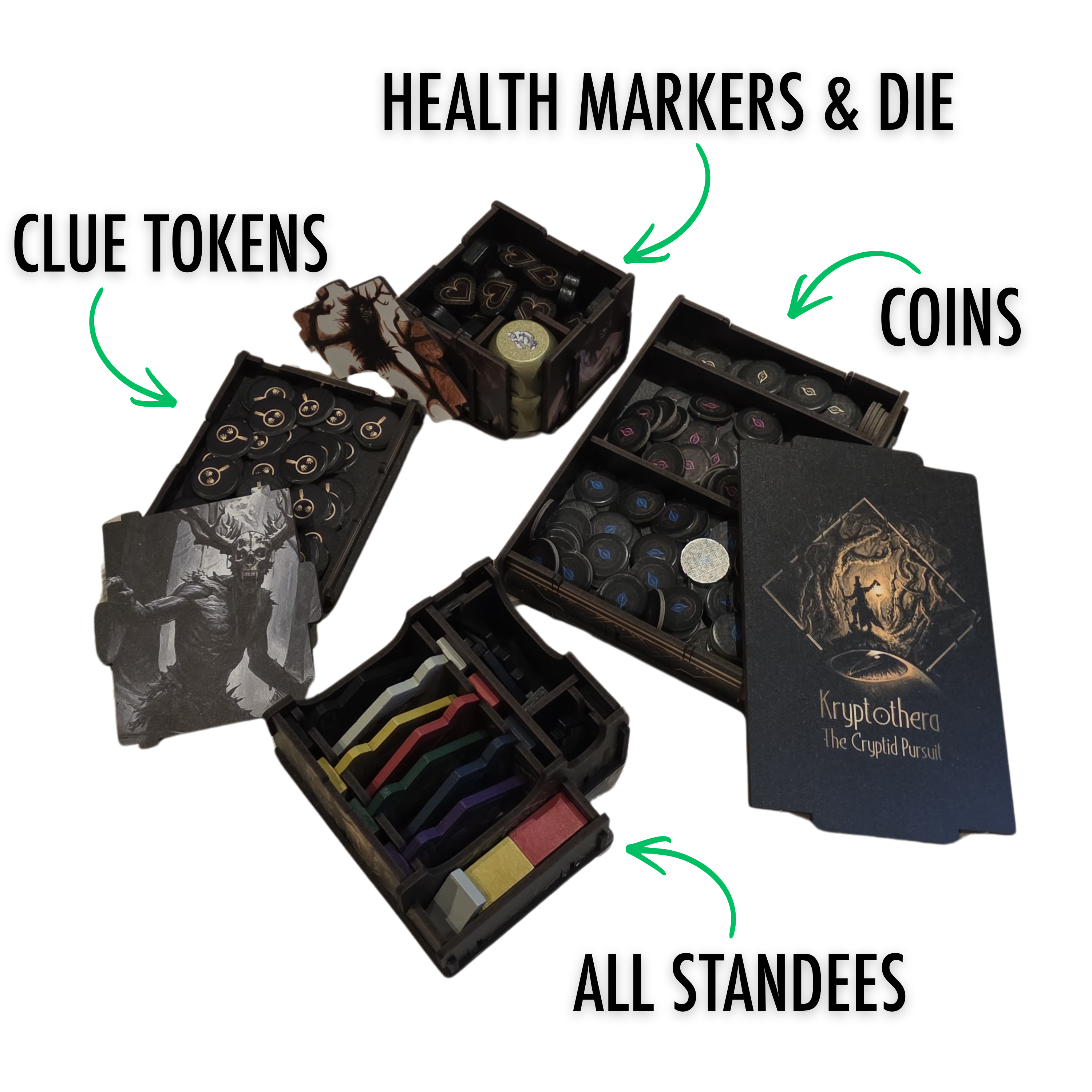 Removable trays from the Kryptothera Custom Inlay showing organised storage for tokens, markers, and components