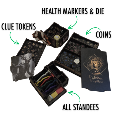 Removable trays from the Kryptothera Custom Inlay showing organised storage for tokens, markers, and components