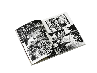 Open comic book with black and white illustrations on a gray background. A Hunters Tale - The Kryptothera Chronicles by Noctilux Games